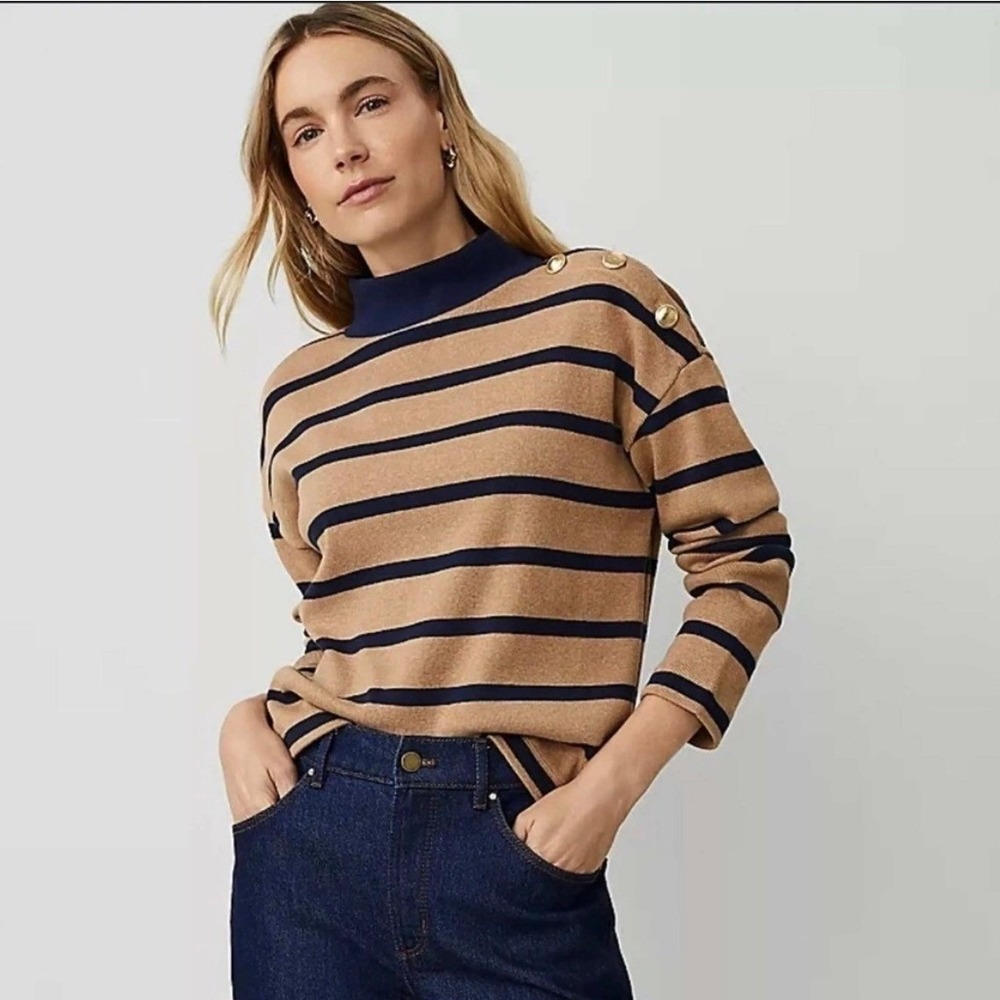 Ann Taylor Weekend Striped Mock Neck Sweater Nautical Tan XL Gold Buttons
